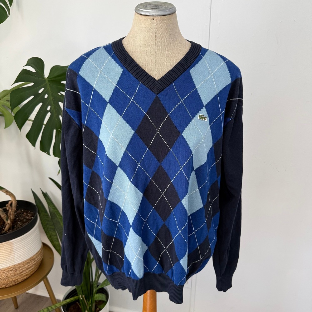 Lacoste Argyle V-Neck Sweater Mens Size 7 Navy Blue Cotton F5178 Pullover‎